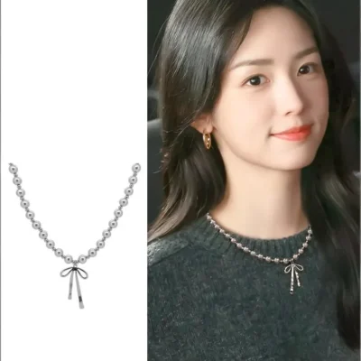 Gray Bow Pearl Necklace
